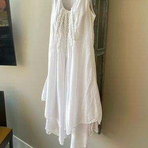 White cotton summer dress with ruffled front